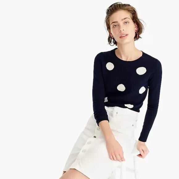 NWT J.Crew Everyday Cashmere Crewneck in Navy Ivory Polka Dot Sweater XL - Picture 1 of 6